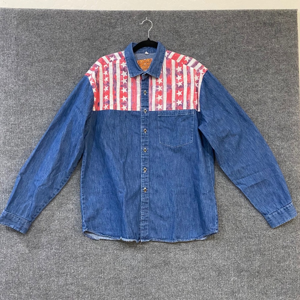 Native American Tradition Allen Wah Denim Shirt Stars Stripes Americana Large